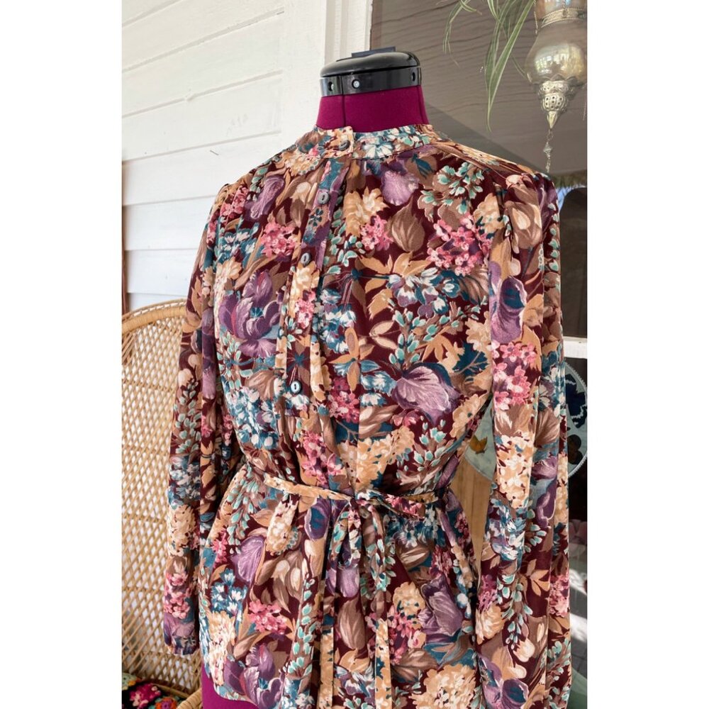 Vintage 1970s Floral Womens Belted Blouse Disco Size M - Picture 2 of 15